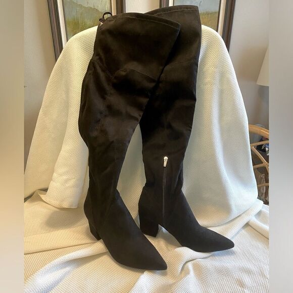 NWOT Marc fisher black faux suede block heel over the knee fabric boots size 12 - Picture 2 of 9